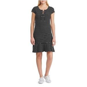 Chaps Black Stripes Clein Flounce Hem Dress US M